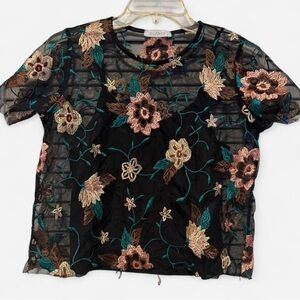 Glance Black Sheer Floral Embroidered Mesh Top Teal Blush Size S